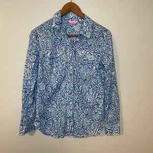 Lilly Pulitzer Cruiser Shirt Resort White Chasing Tail Blue Size 2 EUC‎
